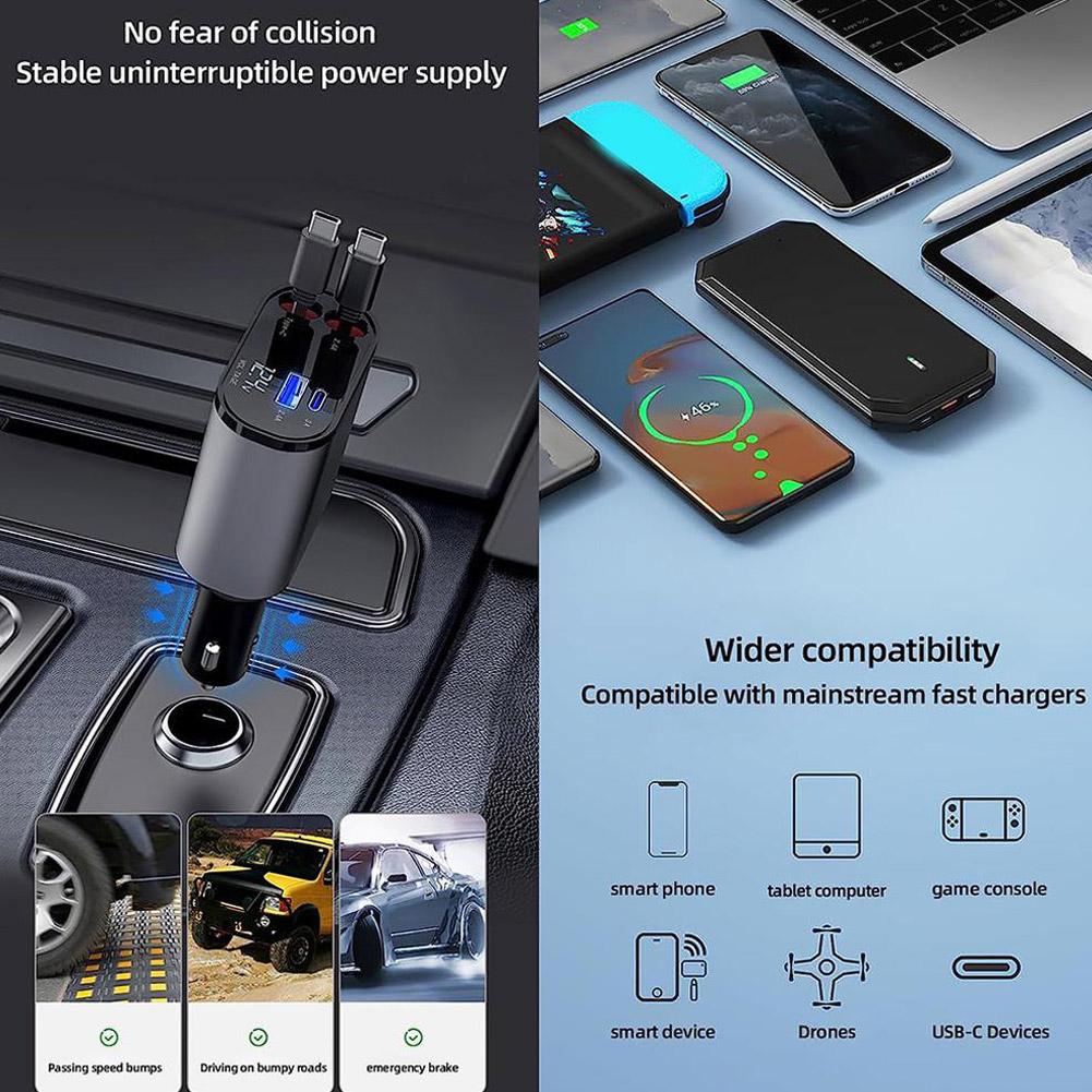 120W 4-in-1 Retractable Fast Car Charger - 180° Rotating Multi-Port Charger with Type-C & iOS Cables for iPhone, Samsung, & Android | Fast UAE Delivery