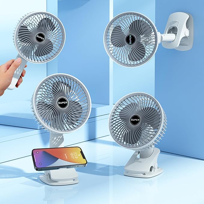 Super 4-in-1 Rechargeable Portable Desk Fan | Powerful Clip-on, Handheld & Hanging Fan with 360° Rotation | 3-Speed Ultra-Quiet USB Cooling Fan for Office, Home, Stroller & Outdoor – White