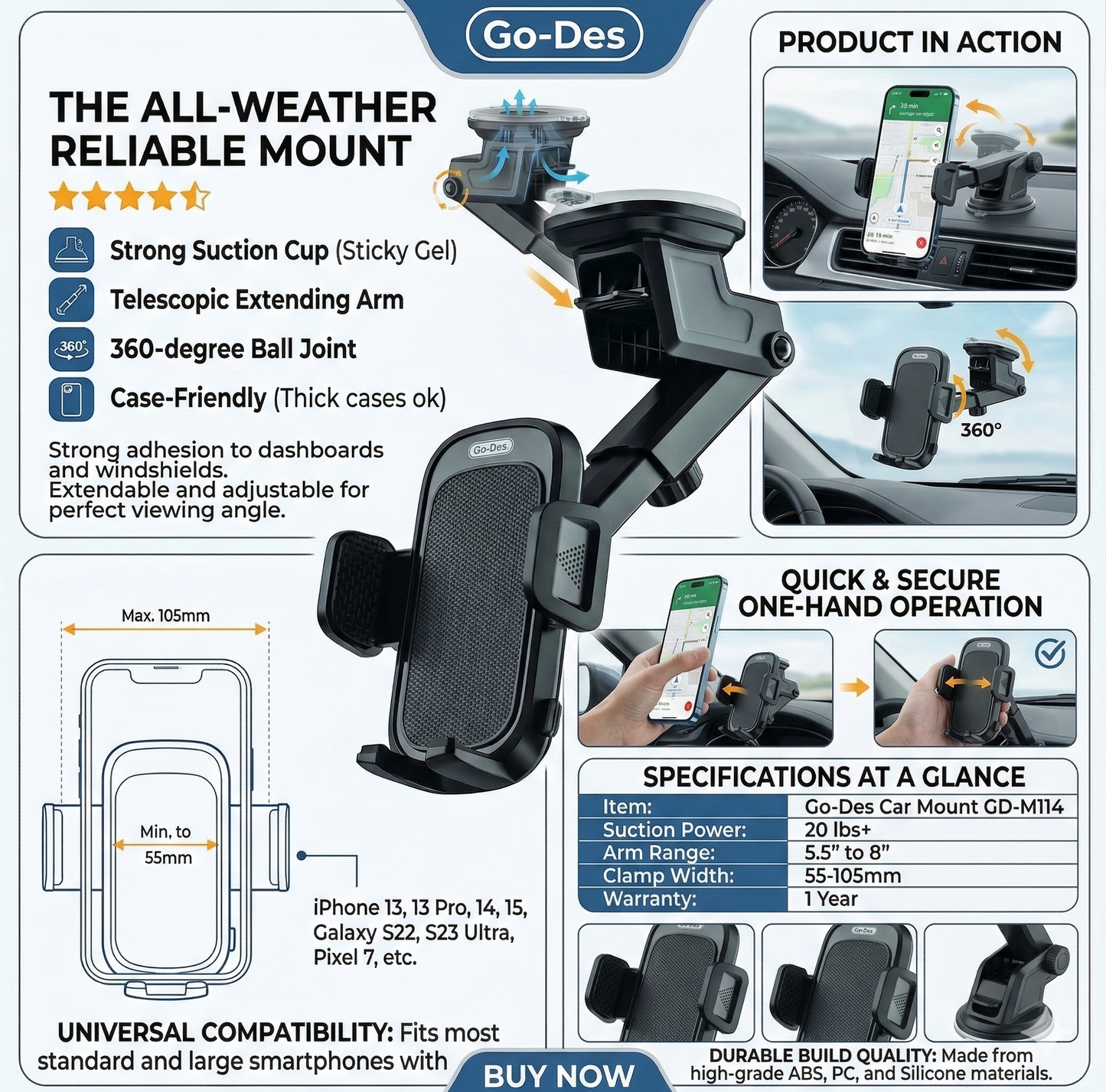 360° Rotating Carbon Fiber Car Phone Holder - Universal Dashboard, Windshield & Air Vent Mount with Vacuum Suction & Flexible Neck | Fast UAE Delivery