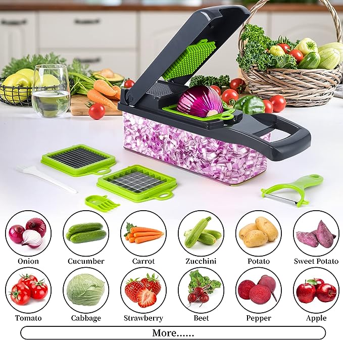 Ultimate 12-in-1 Vegetable Chopper & Slicer Set – Professional Onion Chopper with Container, Mandoline Slicer, Grater & Bonus Peeler – Multi-Blade Kitchen Tool for Fast Meal Prep (UAE Edition)