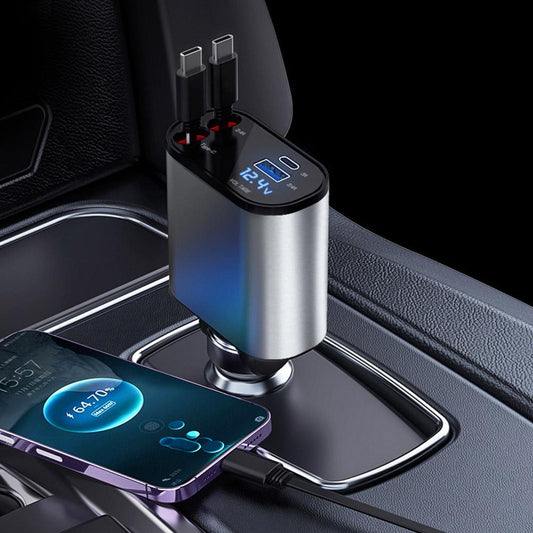 120W 4-in-1 Retractable Fast Car Charger - 180° Rotating Multi-Port Charger with Type-C & iOS Cables for iPhone, Samsung, & Android | Fast UAE Delivery