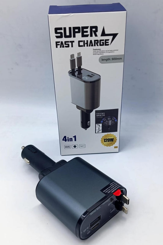 120W 4-in-1 Retractable Fast Car Charger - 180° Rotating Multi-Port Charger with Type-C & iOS Cables for iPhone, Samsung, & Android | Fast UAE Delivery