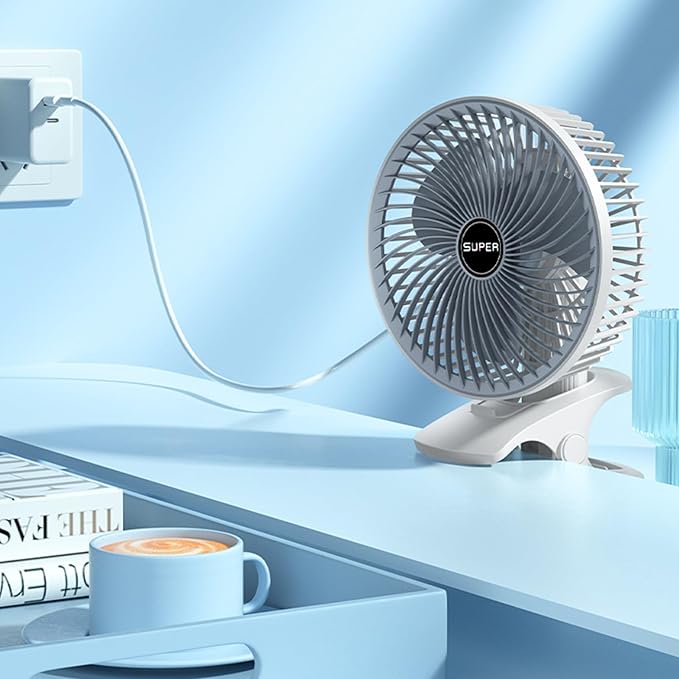 Super 4-in-1 Rechargeable Portable Desk Fan | Powerful Clip-on, Handheld & Hanging Fan with 360° Rotation | 3-Speed Ultra-Quiet USB Cooling Fan for Office, Home, Stroller & Outdoor – White