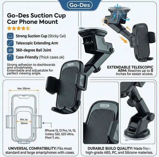 360° Rotating Carbon Fiber Car Phone Holder - Universal Dashboard, Windshield & Air Vent Mount with Vacuum Suction & Flexible Neck | Fast UAE Delivery