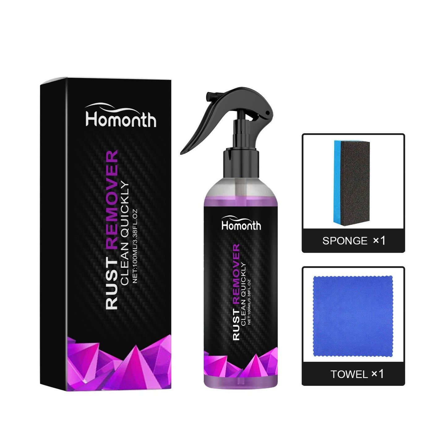 Homonth™ Professional Car & Home Rust Remover Spray (100ml) – Instant Oxidation Cleaner & Metal Restorer with Microfiber Towel & Sponge