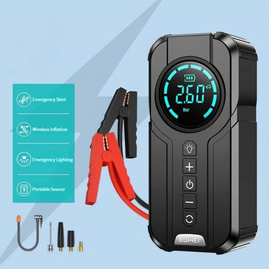 2-in-1 Portable Car Jump Starter with Air Pump | LCD Display | Emergency Battery Booster & Tire Inflator for All Vehicles