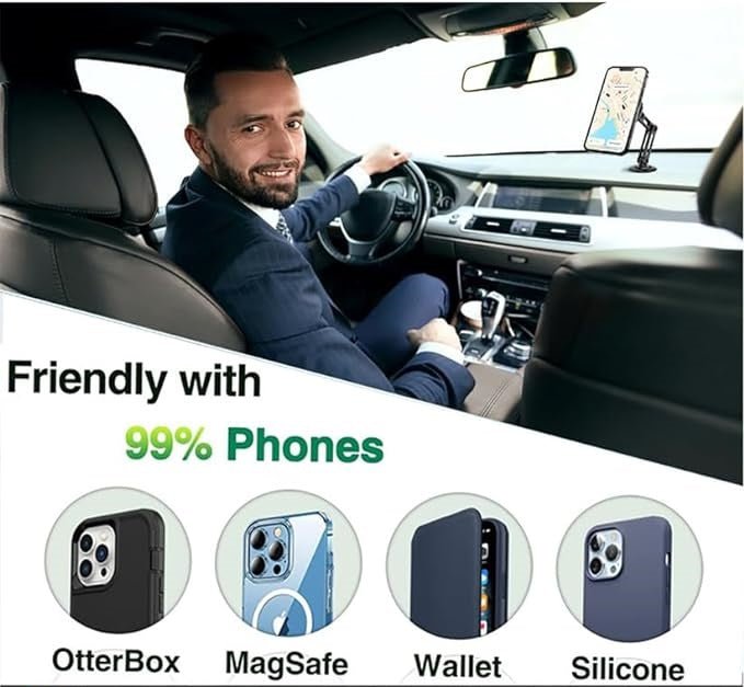 Volar™ Ultra-Stable Magnetic Car Phone Mount – 360° Rotatable & Telescopic Folding Dashboard Stand – MagSafe Compatible