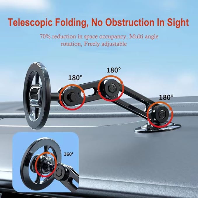 Volar™ Ultra-Stable Magnetic Car Phone Mount – 360° Rotatable & Telescopic Folding Dashboard Stand – MagSafe Compatible