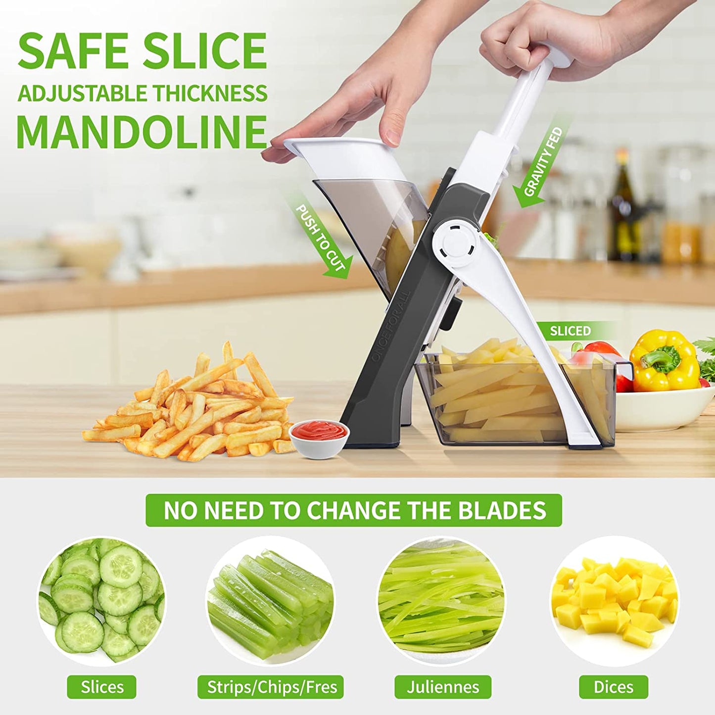 Safe Slice 4-in-1 Multifunctional Manual Vegetable Cutter & Mandoline Slicer – Adjustable Thickness for Dicing, Julienne & Slicing – Professional Kitchen Gadget for Fast Meal Prep