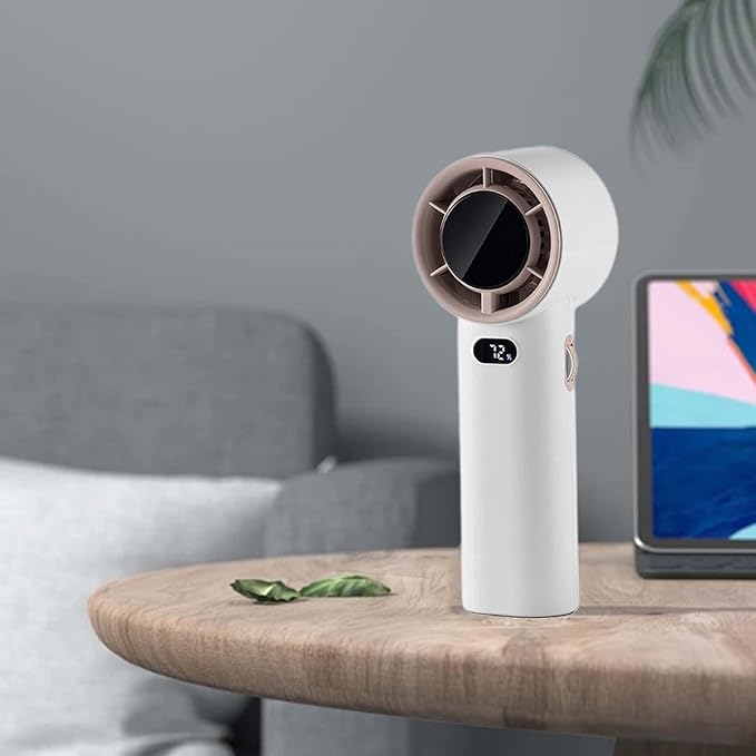 DP Portable Handheld Turbo Fan – 5 Speed Adjustable High-Speed Cooling Fan with Digital Display, 2000mAh Rechargeable Battery & Type-C Fast Charging – Sleek White & Gold Edition