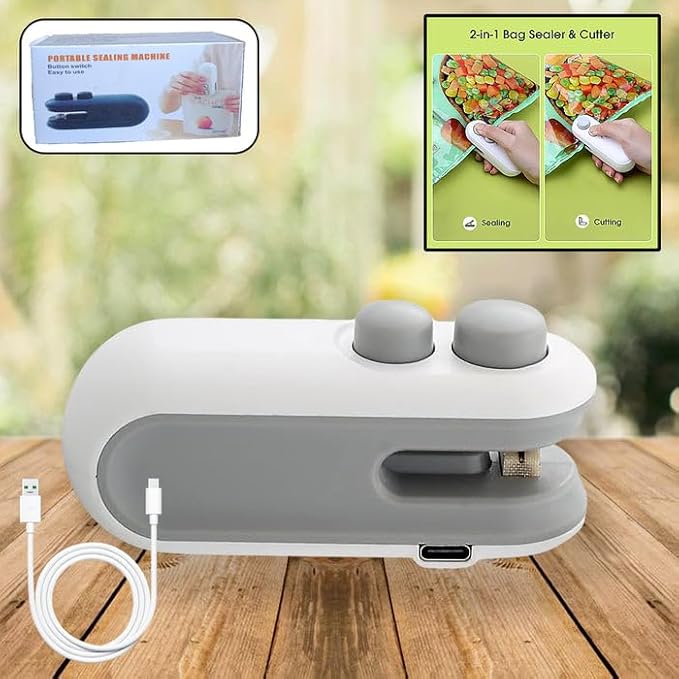 2-in-1 Mini Bag Sealer & Cutter | USB Rechargeable Handheld Heat Sealer for Food Storage | Portable Vacuum Sealer for Chips, Snacks & Kitchen Bags (UAE Edition)
