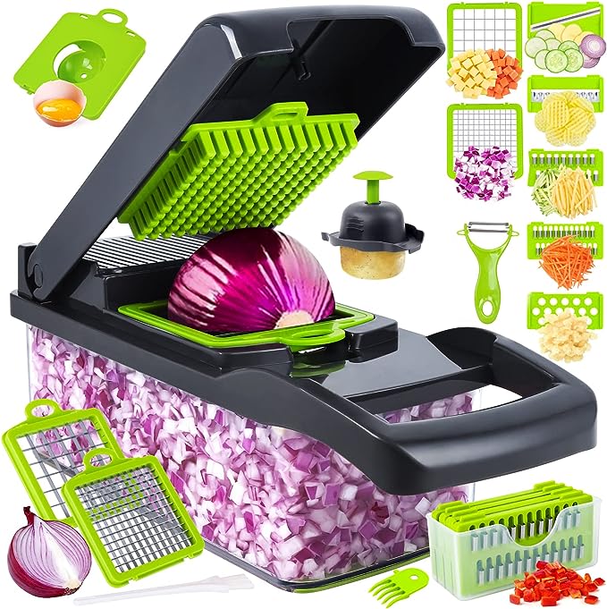 Ultimate 12-in-1 Vegetable Chopper & Slicer Set – Professional Onion Chopper with Container, Mandoline Slicer, Grater & Bonus Peeler – Multi-Blade Kitchen Tool for Fast Meal Prep (UAE Edition)
