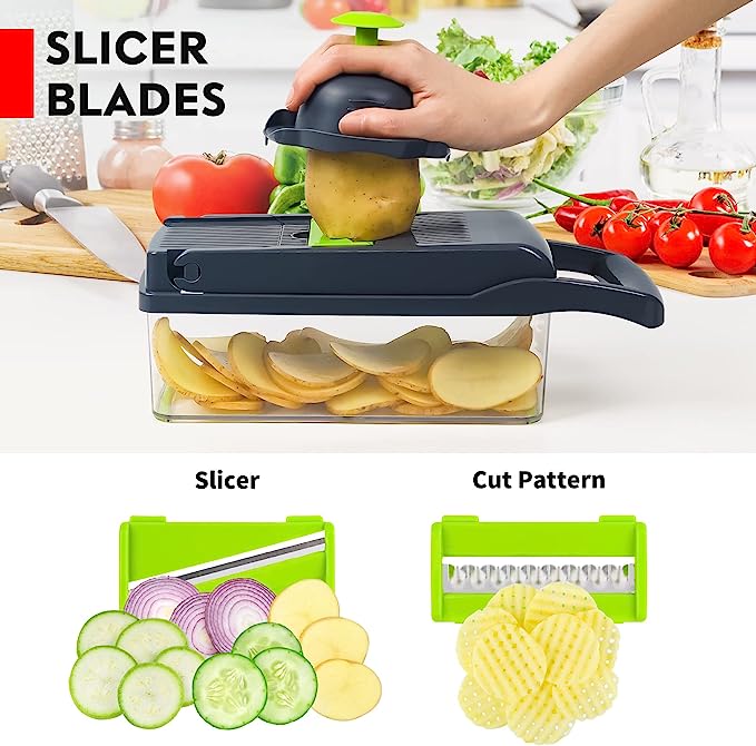 Ultimate 12-in-1 Vegetable Chopper & Slicer Set – Professional Onion Chopper with Container, Mandoline Slicer, Grater & Bonus Peeler – Multi-Blade Kitchen Tool for Fast Meal Prep (UAE Edition)