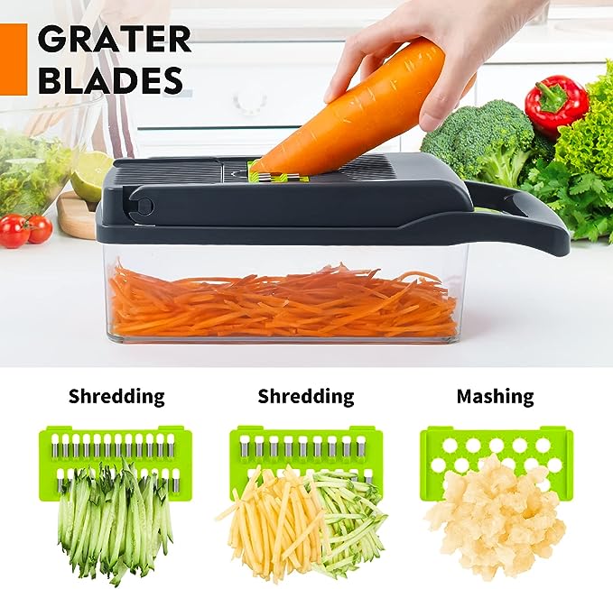 Ultimate 12-in-1 Vegetable Chopper & Slicer Set – Professional Onion Chopper with Container, Mandoline Slicer, Grater & Bonus Peeler – Multi-Blade Kitchen Tool for Fast Meal Prep (UAE Edition)