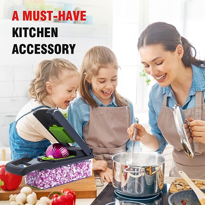 Ultimate 12-in-1 Vegetable Chopper & Slicer Set – Professional Onion Chopper with Container, Mandoline Slicer, Grater & Bonus Peeler – Multi-Blade Kitchen Tool for Fast Meal Prep (UAE Edition)