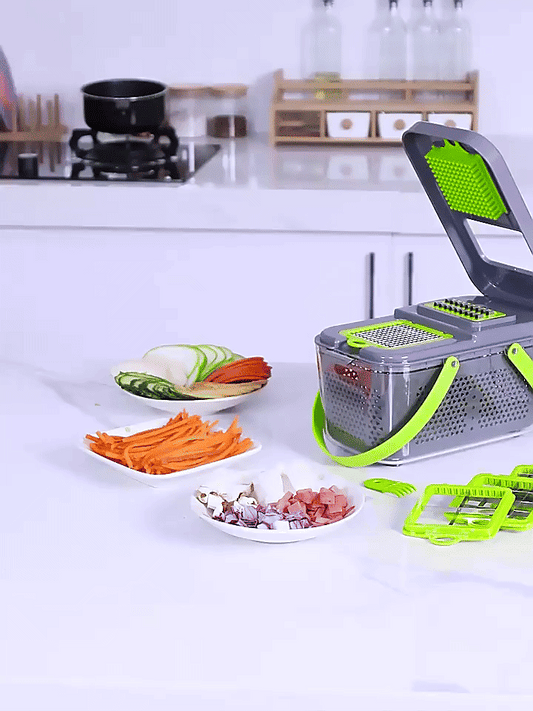 Ultimate 12-in-1 Vegetable Chopper & Slicer Set – Professional Onion Chopper with Container, Mandoline Slicer, Grater & Bonus Peeler – Multi-Blade Kitchen Tool for Fast Meal Prep (UAE Edition)